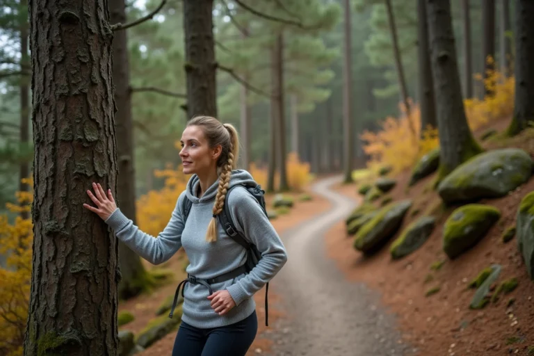 Femme en randonnée sur un sentier forestier dans la région de La Petite-Pierre en automne