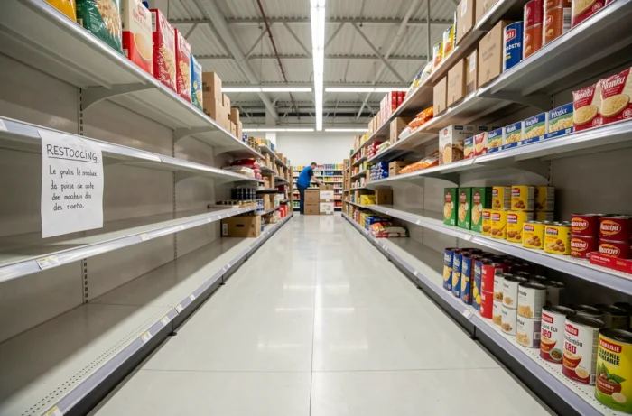 Rayon de supermarché français presque vide avec des étagères clairsemées de pâtes et conserves illustrant une pénurie alimentaire