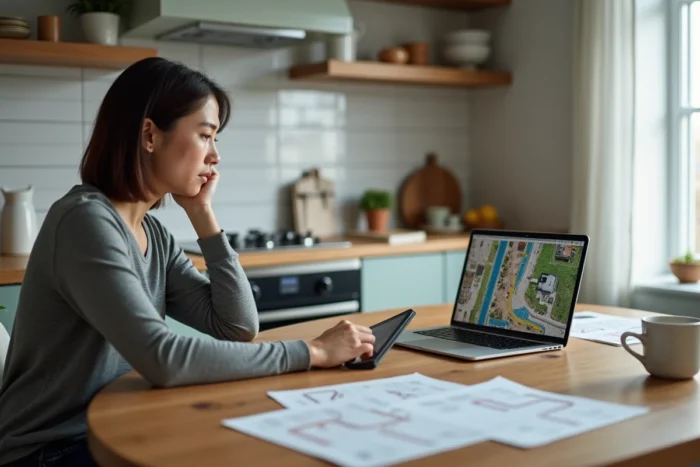 Femme recherchant une carte de canalisation et réseau d'égout de maison sur ordinateur