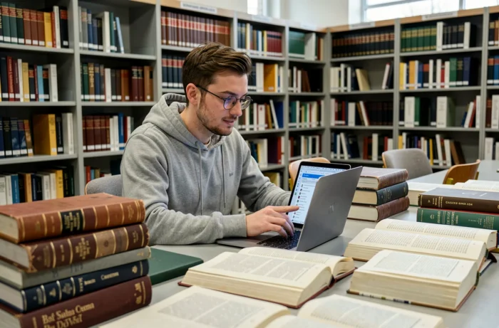 Un jeune chercheur entouré de revues académiques et de livres ouverts consulte une base de données scientifique sur son ordinateur portable dans une bibliothèque universitaire.