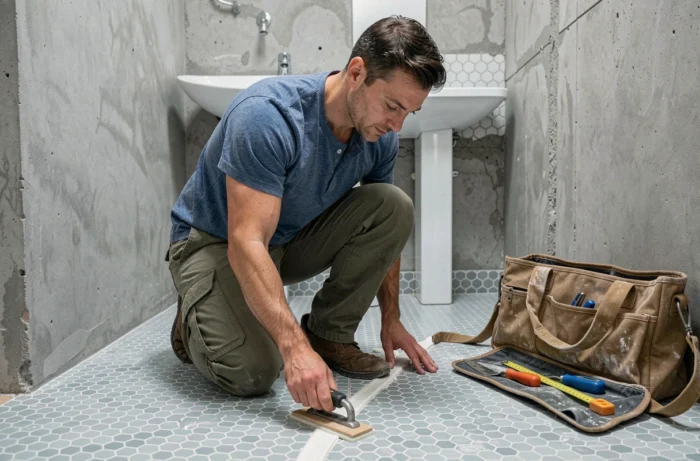 Homme rénovant le carrelage d'une salle de bain en appliquant du joint avec une taloche en caoutchouc
