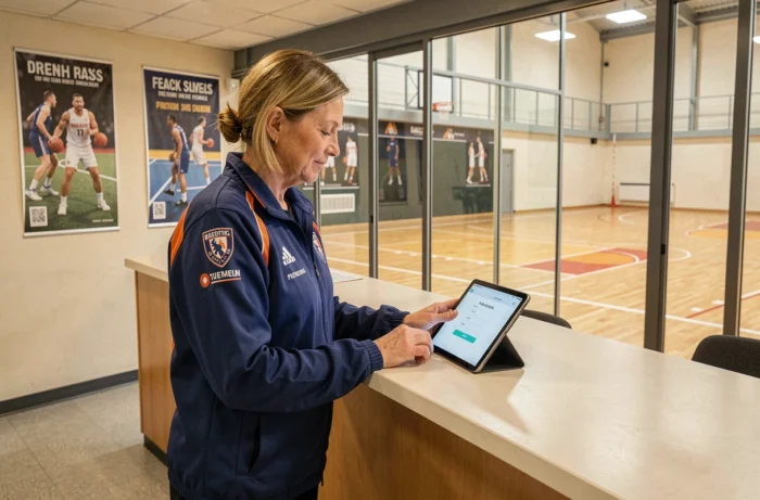 Responsable de club de basket consultant l'extranet FBI sur une tablette à l'accueil d'un gymnase