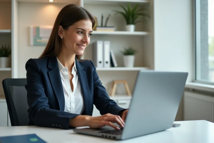 Responsable CSE utilisant un logiciel d'animation d'équipe sur ordinateur portable dans un bureau privé