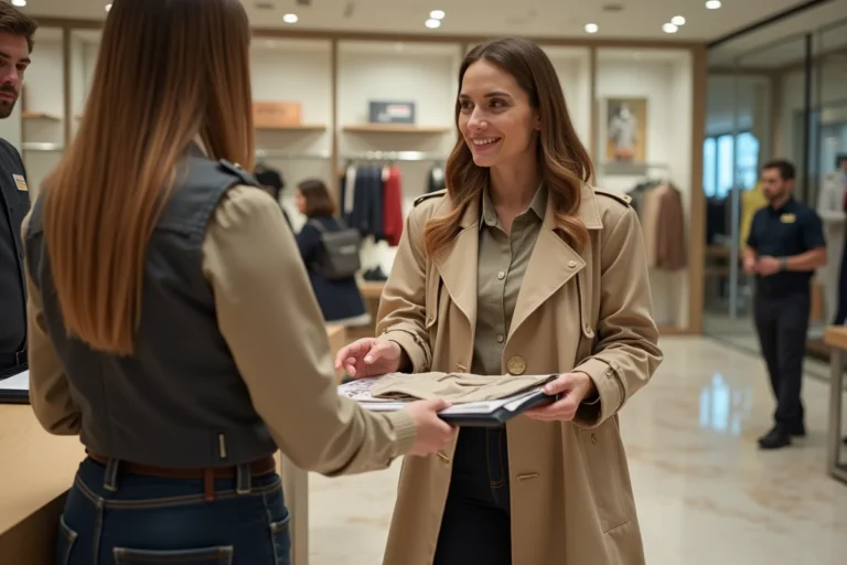 Une femme effectue le retour d'un vêtement au comptoir du service client des Galeries Lafayette