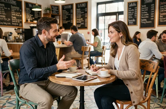 Deux jeunes entrepreneurs en réunion de mentorat dans un café, échangeant des conseils d'experts pour réussir leur aventure entrepreneuriale
