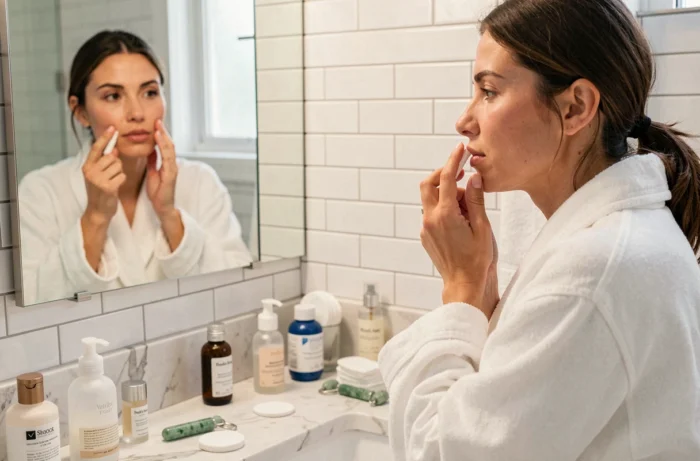 Femme appliquant un sérum sur son visage dans une salle de bain moderne dans le cadre d'une routine beauté quotidienne