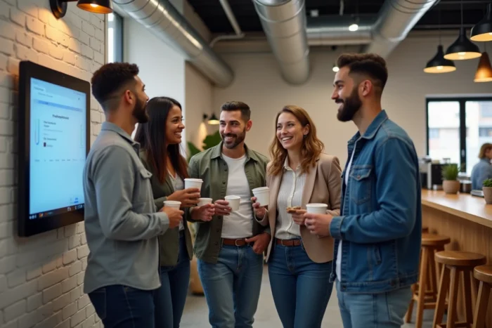 Groupe de salariés interagissant avec une borne numérique de sondage participatif dans une salle de pause d'entreprise