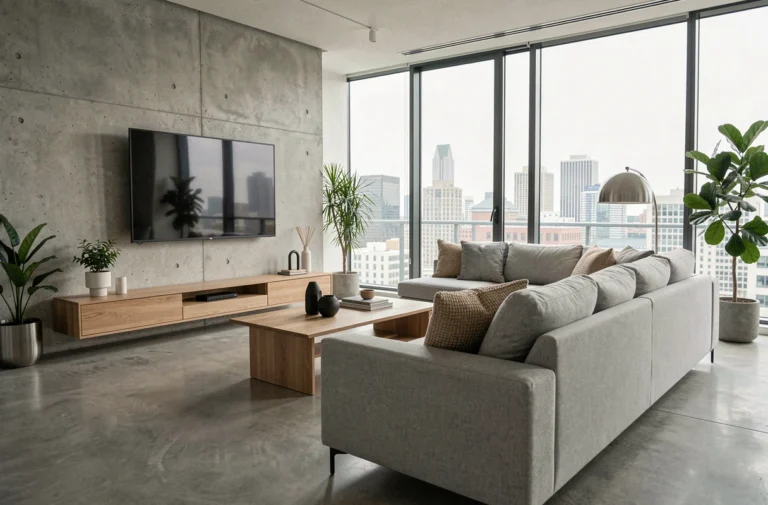 Salon moderne et confortable avec équipements essentiels pour maison contemporaine