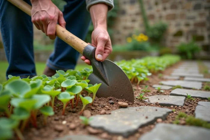 Mains masculines utilisant un sarcloir pour éliminer le pourpier le long d'une allée de jardin en pierre