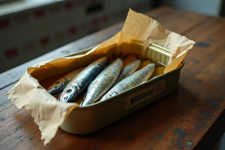 Boîte de sardines à l'huile d'olive ouverte sur une table en bois rustique, montrant la texture et la disposition des poissons en conserve