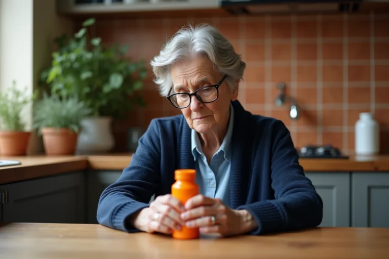 Femme senior lisant attentivement l'étiquette d'un complément alimentaire Azinc à la cuisine