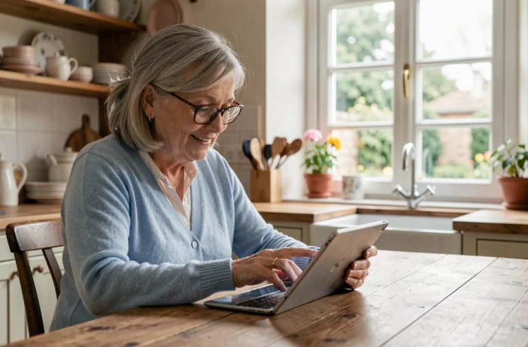 Senior femme utilisant une tablette pour consulter le portail malin La Poste à domicile