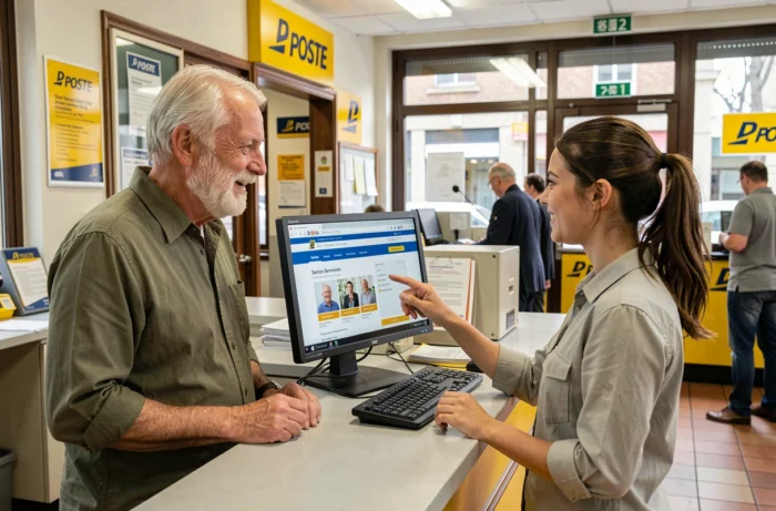 Senior homme en bureau de poste recevant de l'aide pour accéder aux offres du portail malin