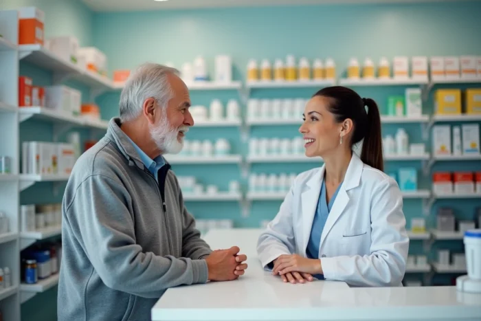 Senior homme en conversation avec une pharmacienne au sujet des effets secondaires d'un complément vitaminé
