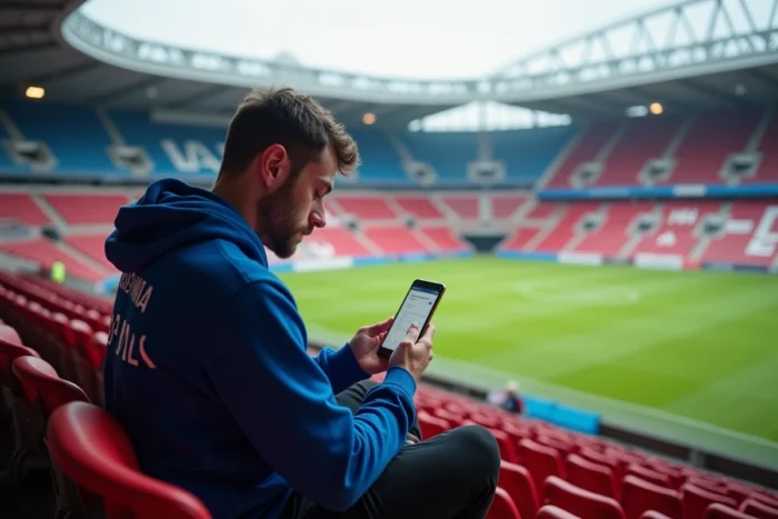 Jeune supporter de Lyon consultant le forum de fans de l'OL sur son téléphone dans le stade Groupama