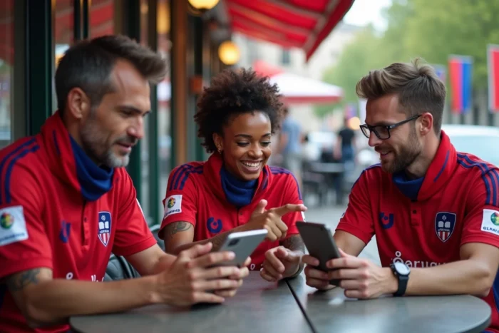 Groupe de supporters de l'OL discutant du forum officiel des fans autour d'une table de café