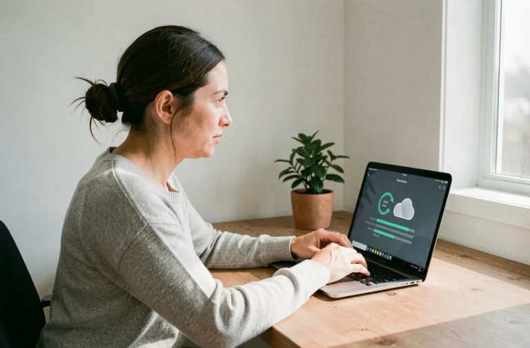 Femme concentrée synchronisant des fichiers sur OneDrive depuis son bureau à domicile