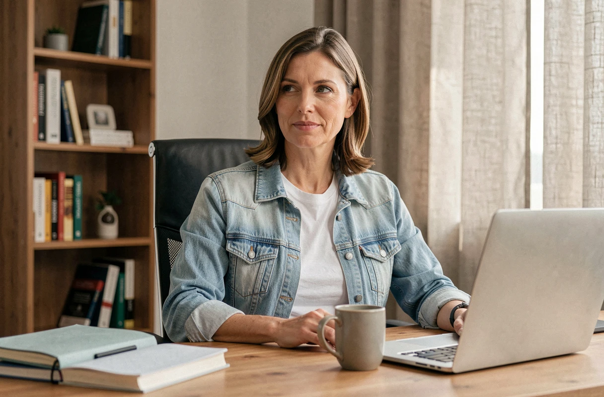 Femme portant un tee-shirt Percko sous une chemise en jean au bureau à domicile, posture droite et naturelle