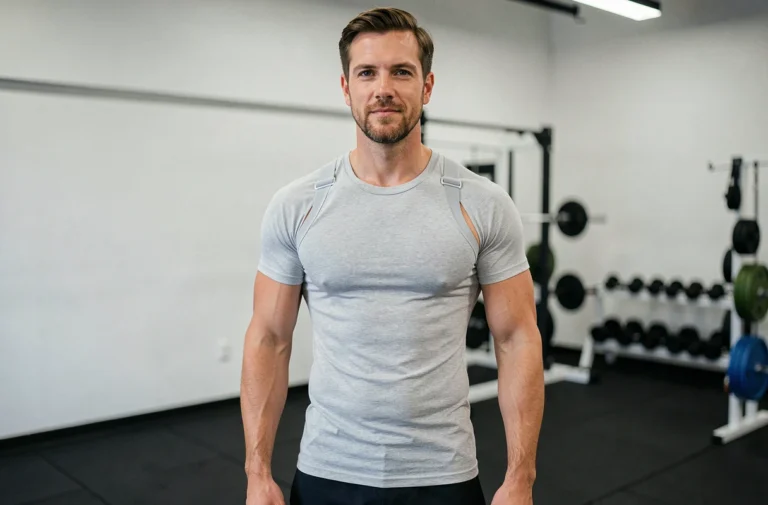 Homme portant un tee-shirt de correction posturale Percko dans une salle de sport moderne, vue trois quarts