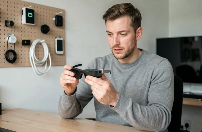 Un homme dans la trentaine examine des lunettes de réalité augmentée dans un bureau moderne, illustrant les dernières tendances high-tech