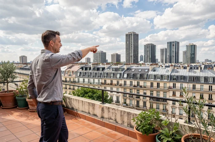 Urbaniste sur une terrasse de toit pointant vers un panorama de la ville alliant architecture classique et immeubles modernes