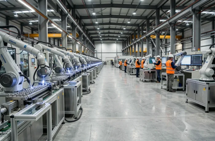 Chaîne de production industrielle automatisée illustrant la croissance économique intensive par la technologie et l'efficacité