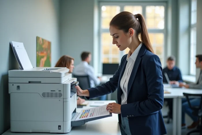 Femme récupérant des documents imprimés sur l'imprimante Brother DCP-L3550CDW dans un open space professionnel