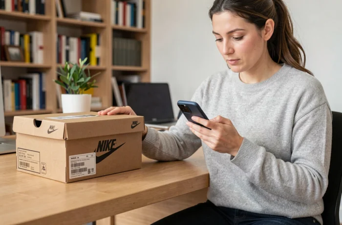 Femme vérifiant le code produit Nike sur une boîte à chaussures avec son smartphone à la maison