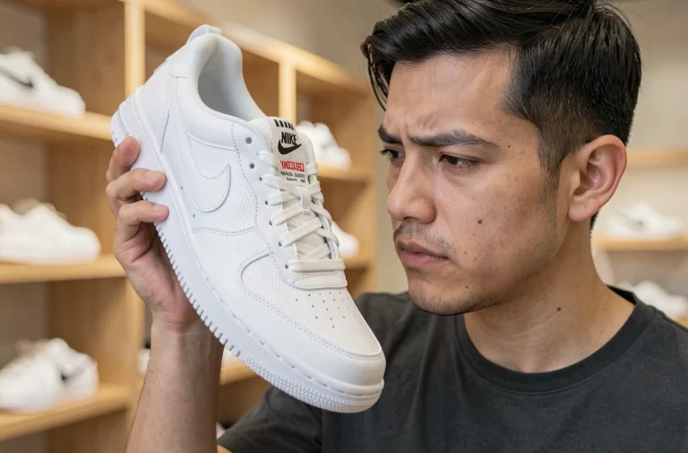 Homme vérifiant l'étiquette de code produit sur une sneaker Nike blanche en magasin
