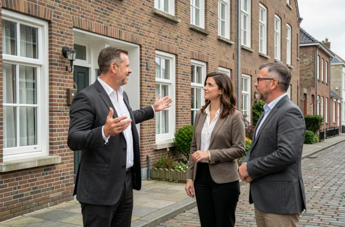 Agent immobilier présentant une maison à vendre à Dunkerque à des acquéreurs lors d'une visite extérieure