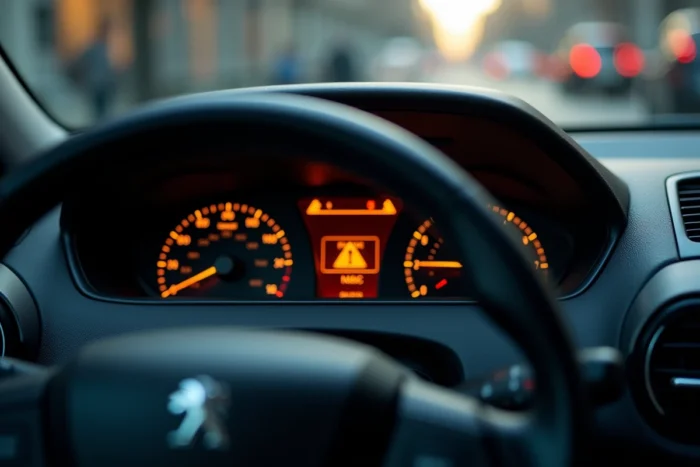 Voyant service allumé sur le tableau de bord d'une Peugeot 2008, vue intérieure du conducteur