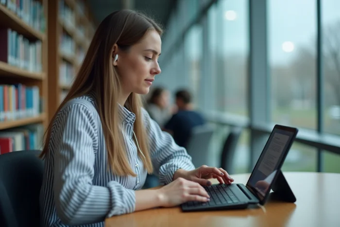 Étudiante consultant son webmail académique Nancy Metz sur une tablette dans une bibliothèque universitaire
